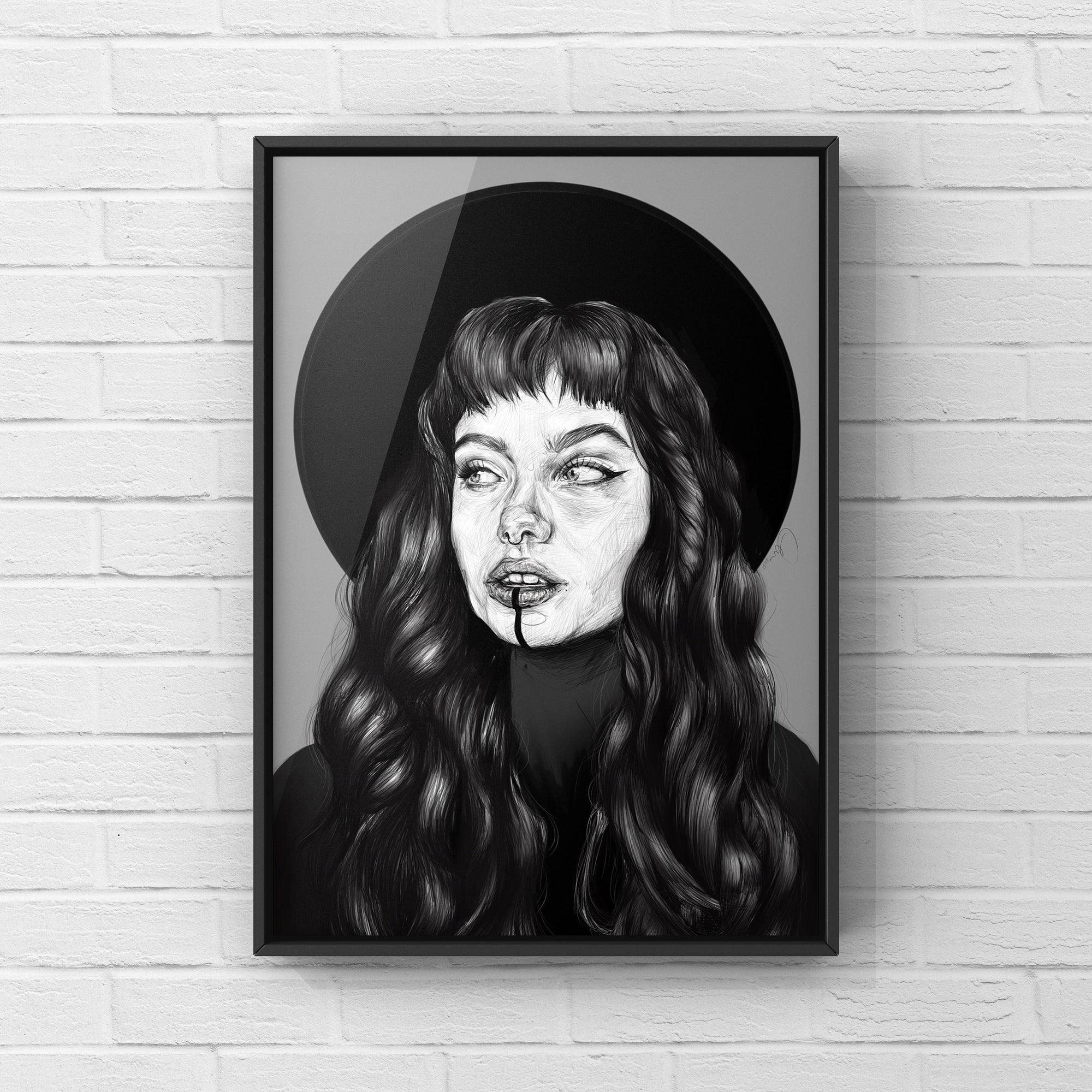 Black and white, editorial woman portrait, Art/ gallery print,Digital drawn ecofriendly illustration.