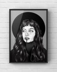 Black and white, editorial woman portrait, Art/ gallery print,Digital drawn ecofriendly illustration.