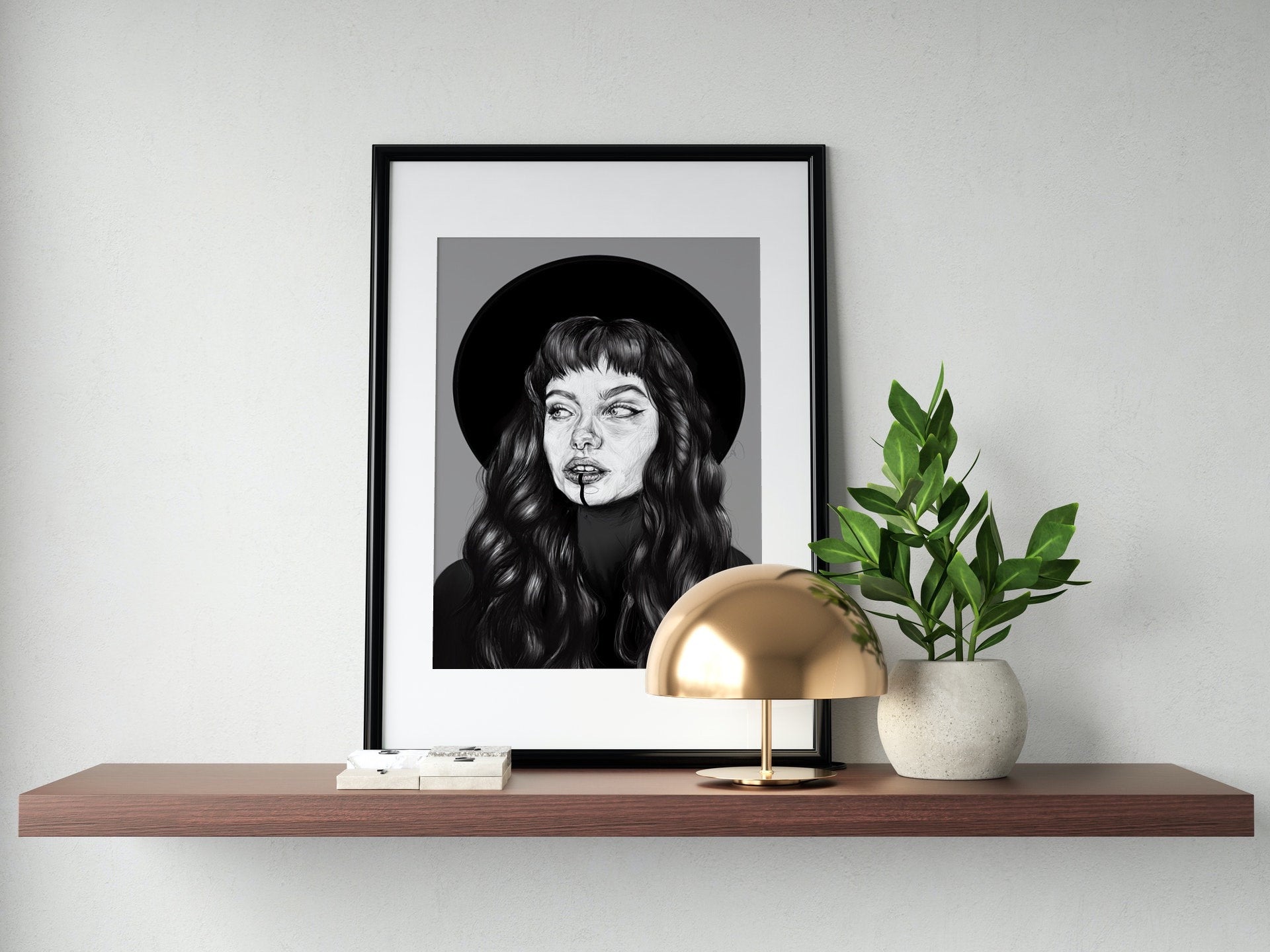 Black and white, editorial woman portrait, Art/ gallery print,Digital drawn ecofriendly illustration.