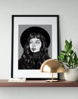 Black and white, editorial woman portrait, Art/ gallery print,Digital drawn ecofriendly illustration.