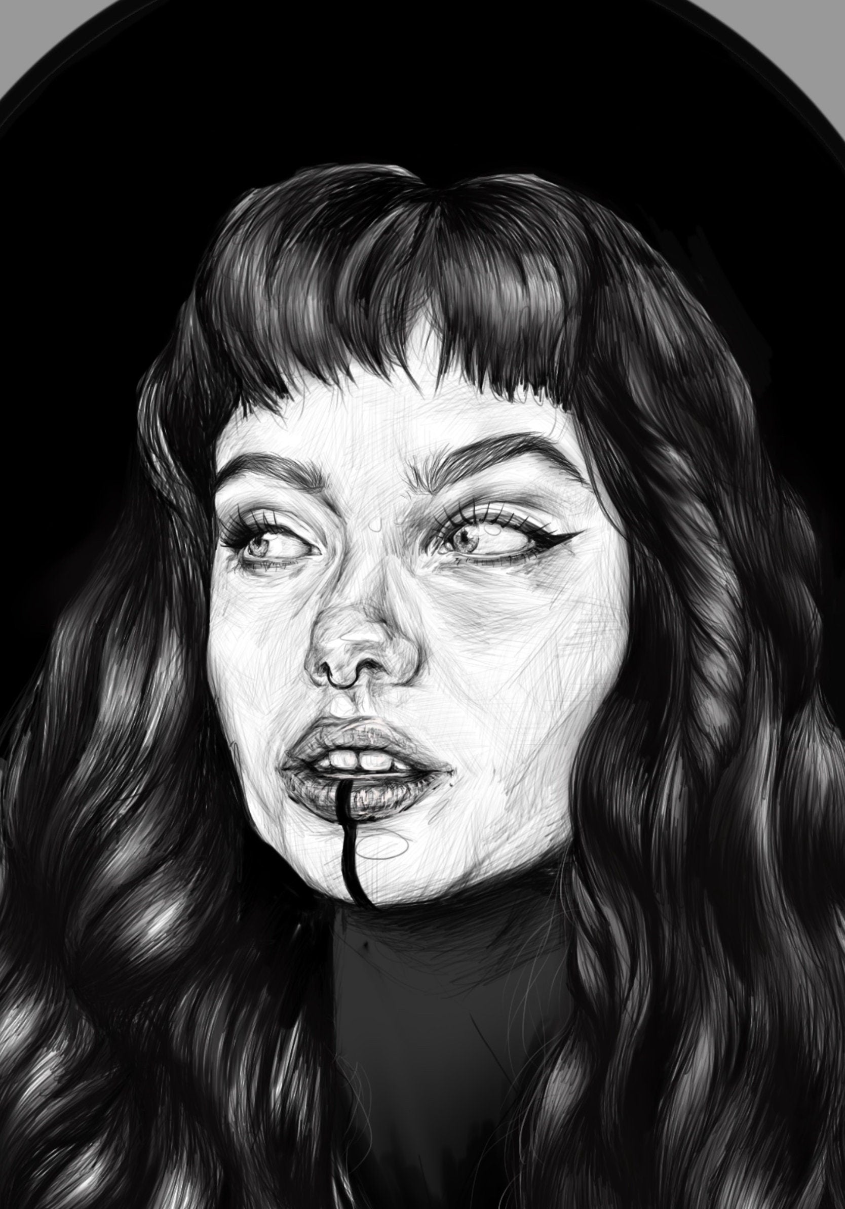 Black and white, editorial woman portrait, Art/ gallery print,Digital drawn ecofriendly illustration.