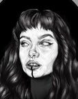 Black and white, editorial woman portrait, Art/ gallery print,Digital drawn ecofriendly illustration.