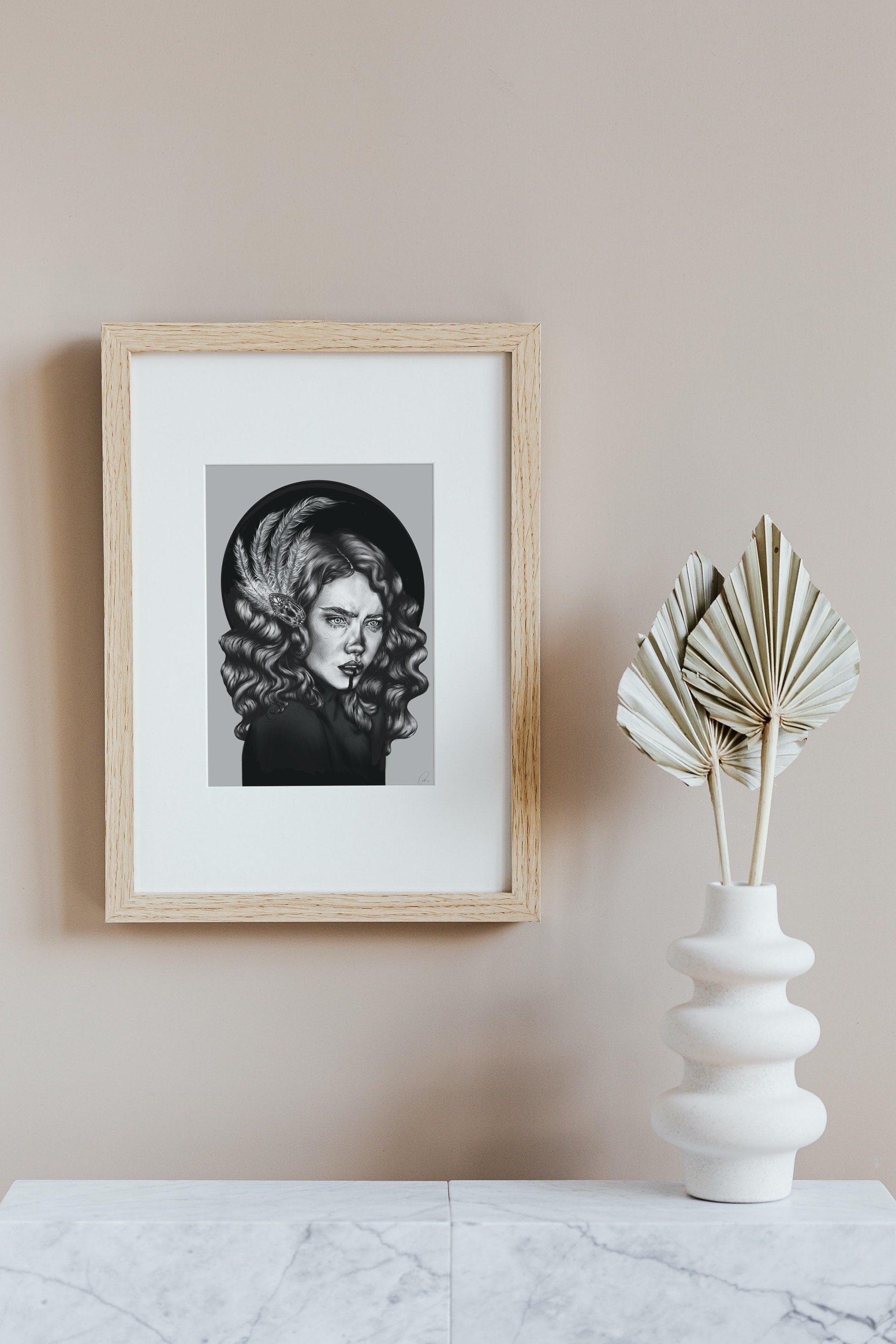Black and White female art nouveau portrait Art/ Gallery print, home/wall decor. Eco-friendly, hand-drawn illustration.