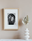 Black and White female art nouveau portrait Art/ Gallery print, home/wall decor. Eco-friendly, hand-drawn illustration.