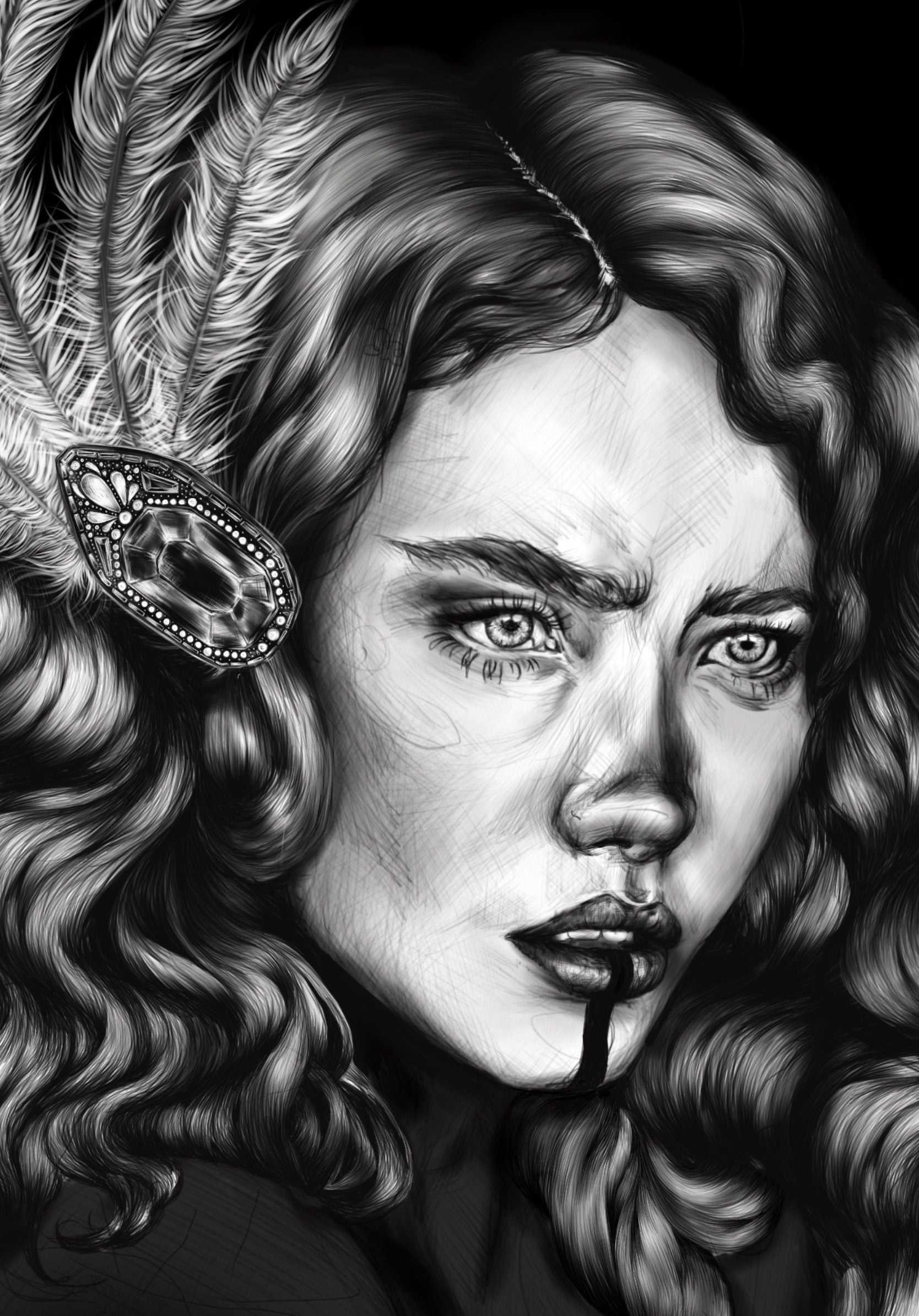 Black and White female art nouveau portrait Art/ Gallery print, home/wall decor. Eco-friendly, hand-drawn illustration.