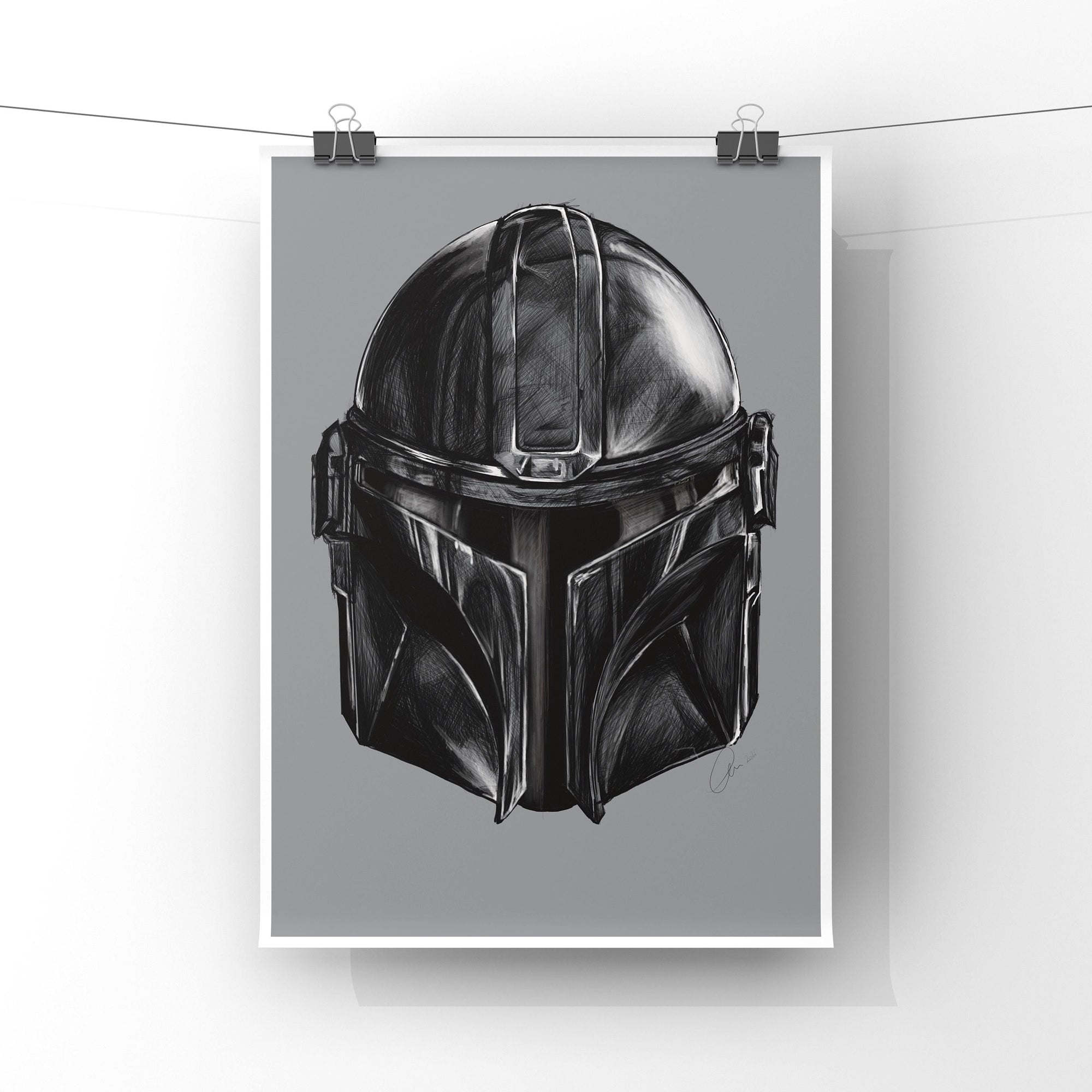 Mandalorian, Star Wars inspired. helmet, digital-drawn illustration, art print, ecofriendly wall art.