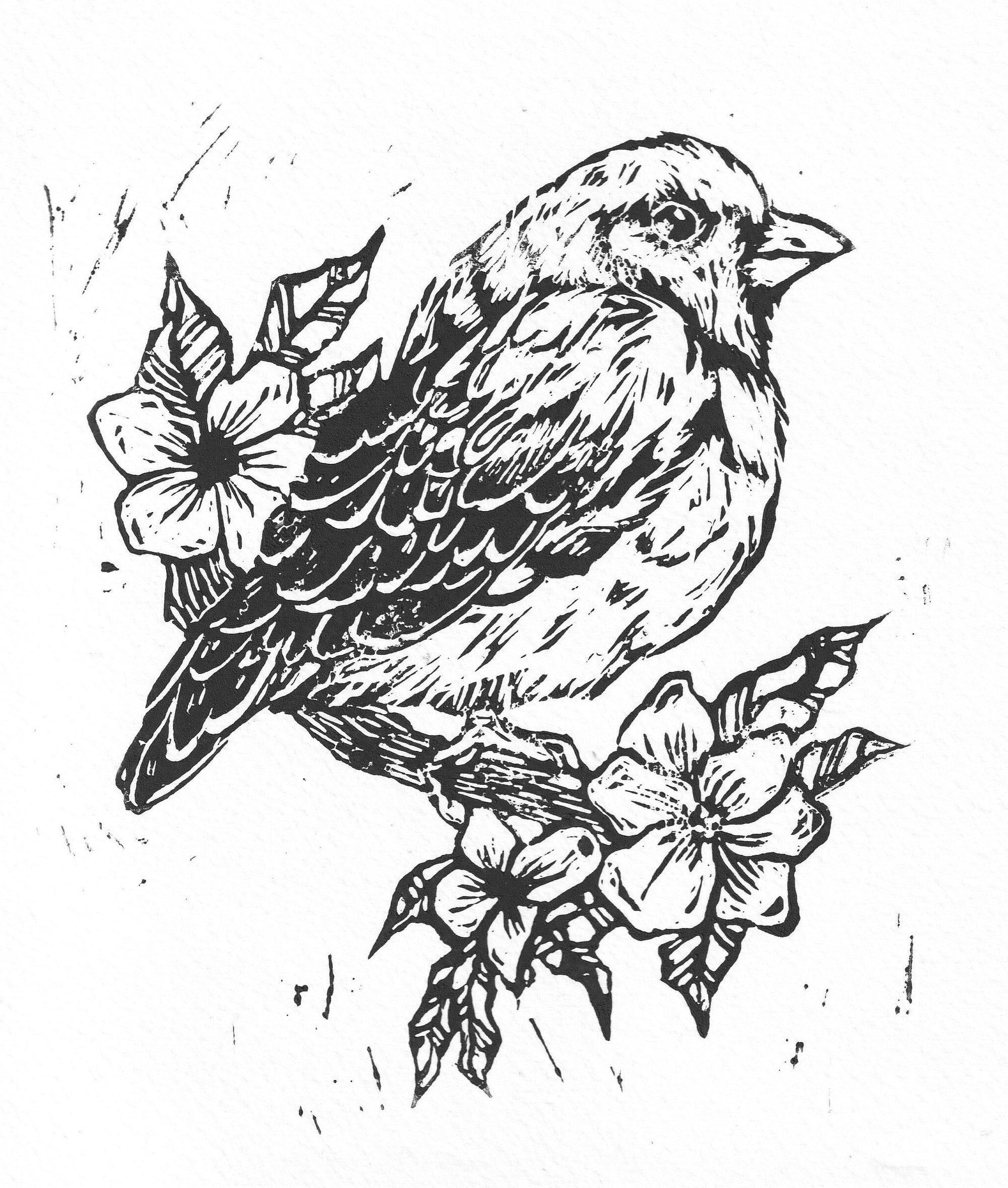 Hand-CUT & designed art lino bird print.