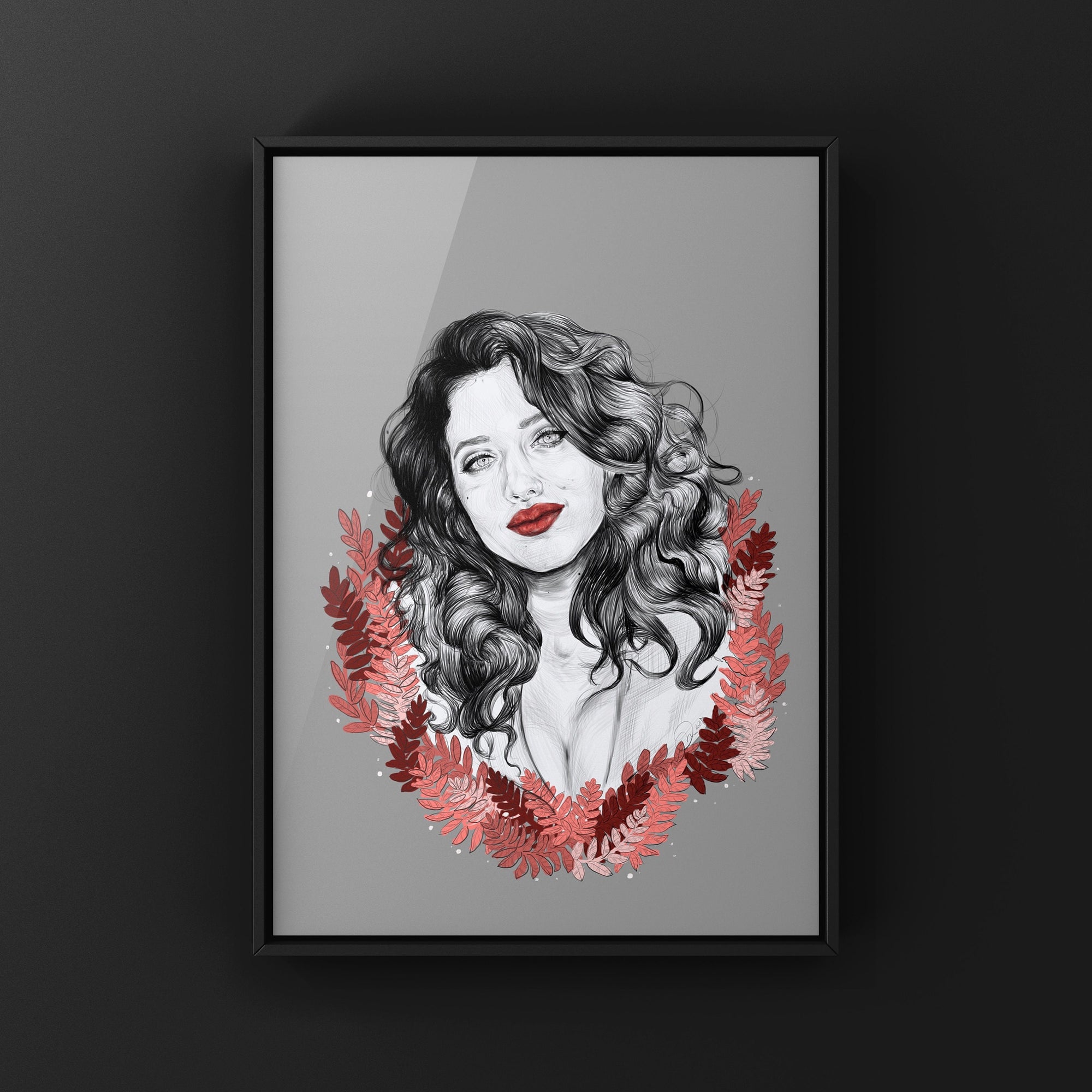 Black and white, Art/ gallery print, digital-drawn ecofriendly illustration. Inspired by Kat dennings.