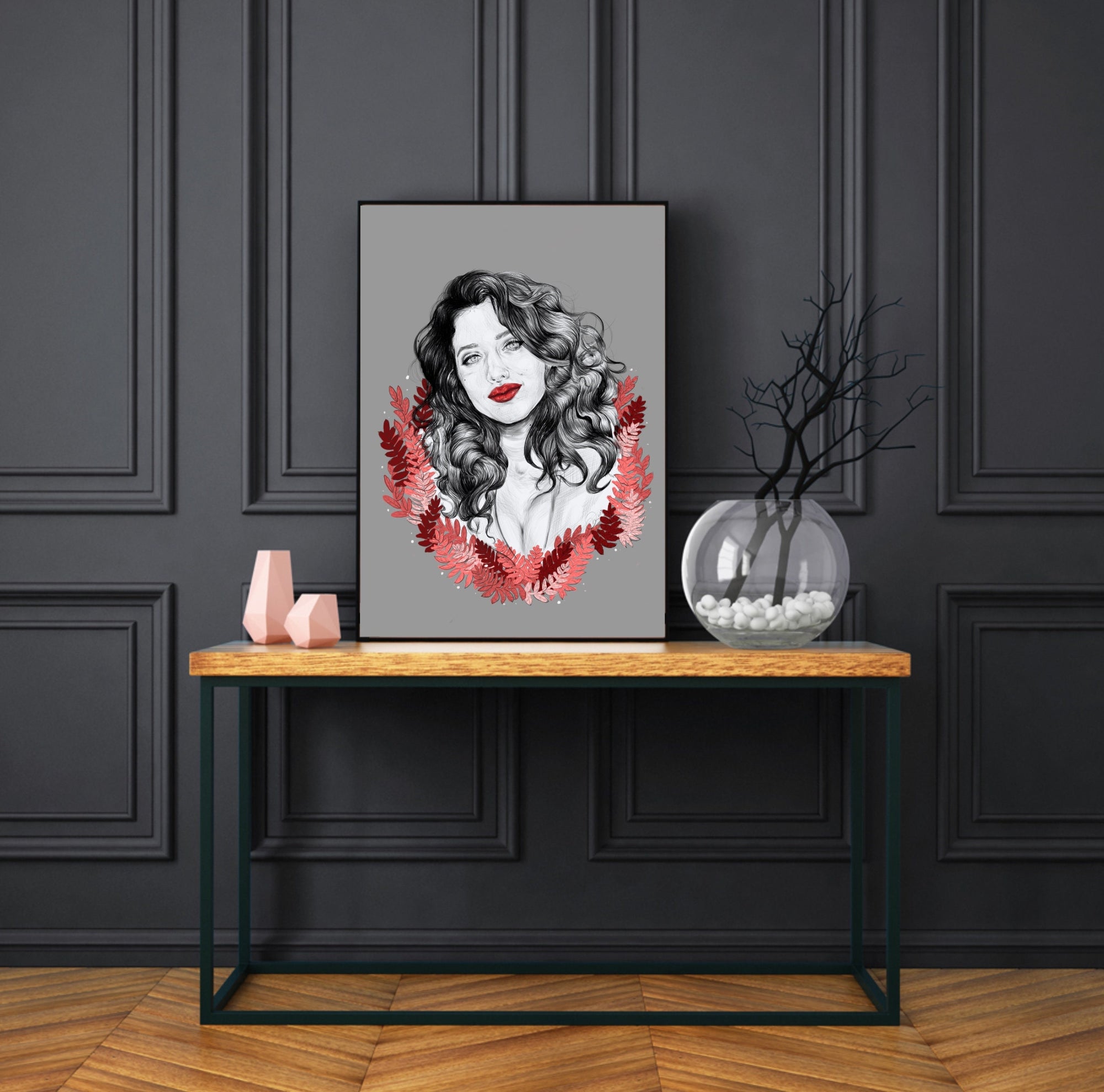 Black and white, Art/ gallery print, digital-drawn ecofriendly illustration. Inspired by Kat dennings.