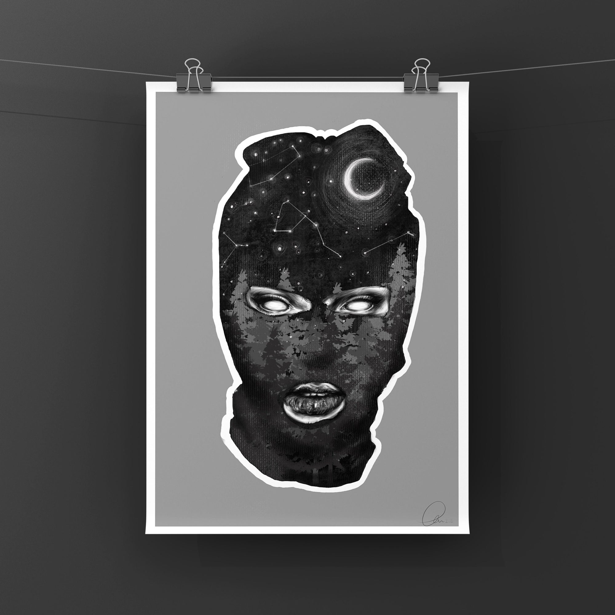 Black and white and purple and orange colour, galaxy ski mask, fall, winter Art/ gallery print, digital-drawn eco friendly illustration.