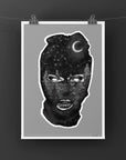 Black and white and purple and orange colour, galaxy ski mask, fall, winter Art/ gallery print, digital-drawn eco friendly illustration.