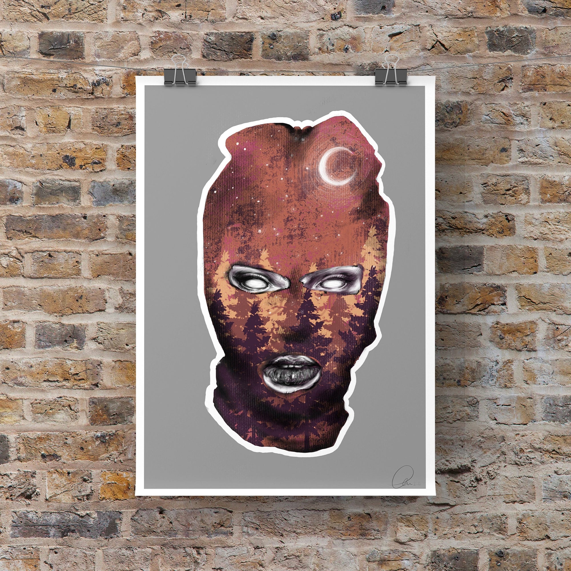 Black and white and purple and orange colour, galaxy ski mask, fall, winter Art/ gallery print, digital-drawn eco friendly illustration.