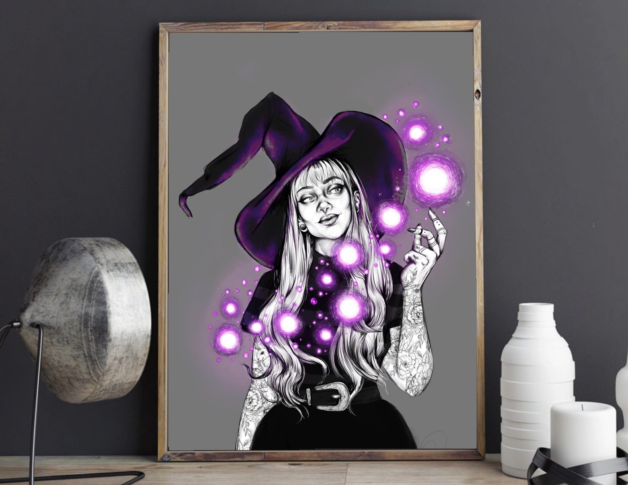 hand drawn Digital, purple, Witch. art print. home decor, gallery print. Purple glowing witch print. Femal portrait. Illustration. Fantasy