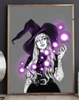 hand drawn Digital, purple, Witch. art print. home decor, gallery print. Purple glowing witch print. Femal portrait. Illustration. Fantasy