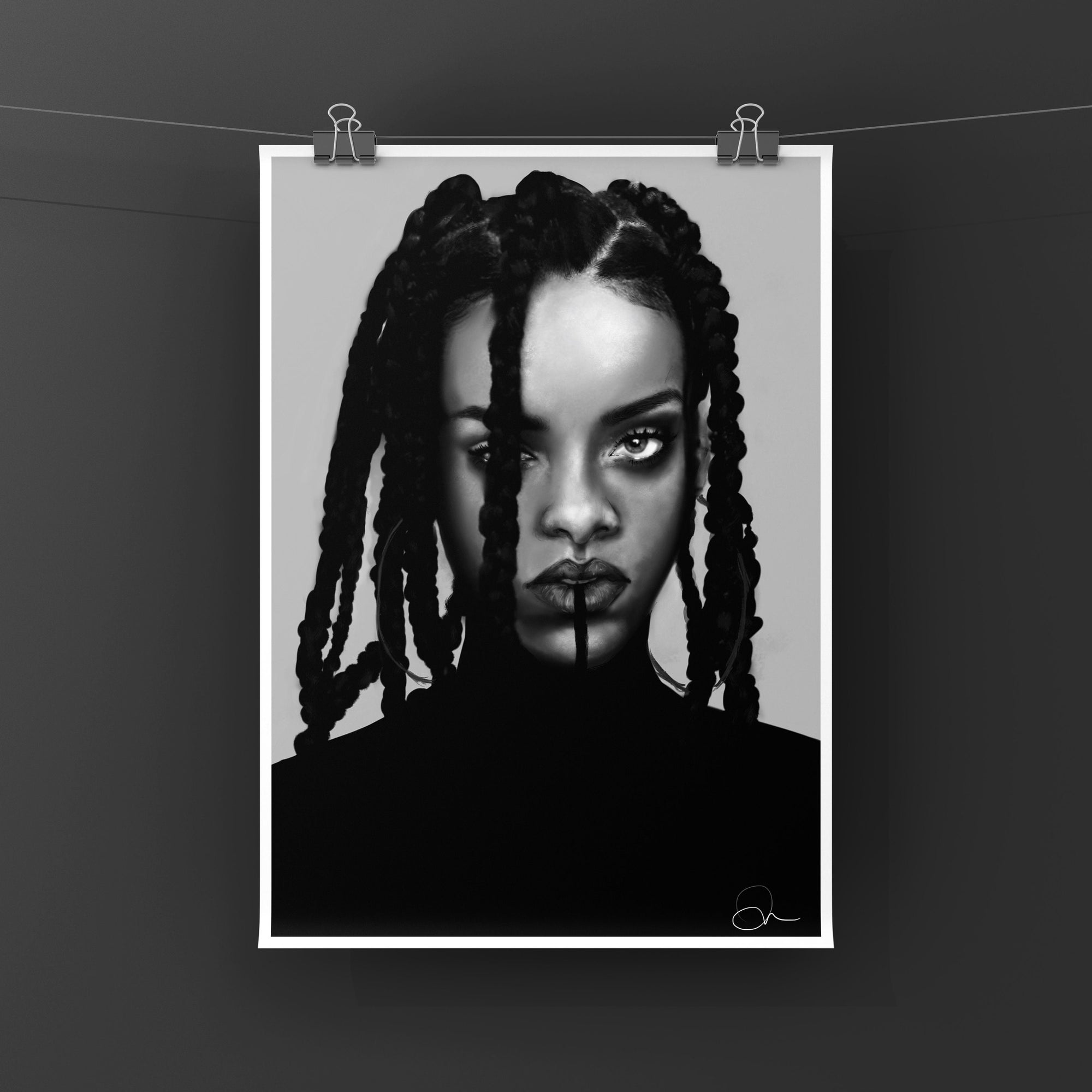 black and white/ colour, digital-drawn, art print, gallery print. inspired by Rhianna.