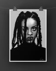 black and white/ colour, digital-drawn, art print, gallery print. inspired by Rhianna.