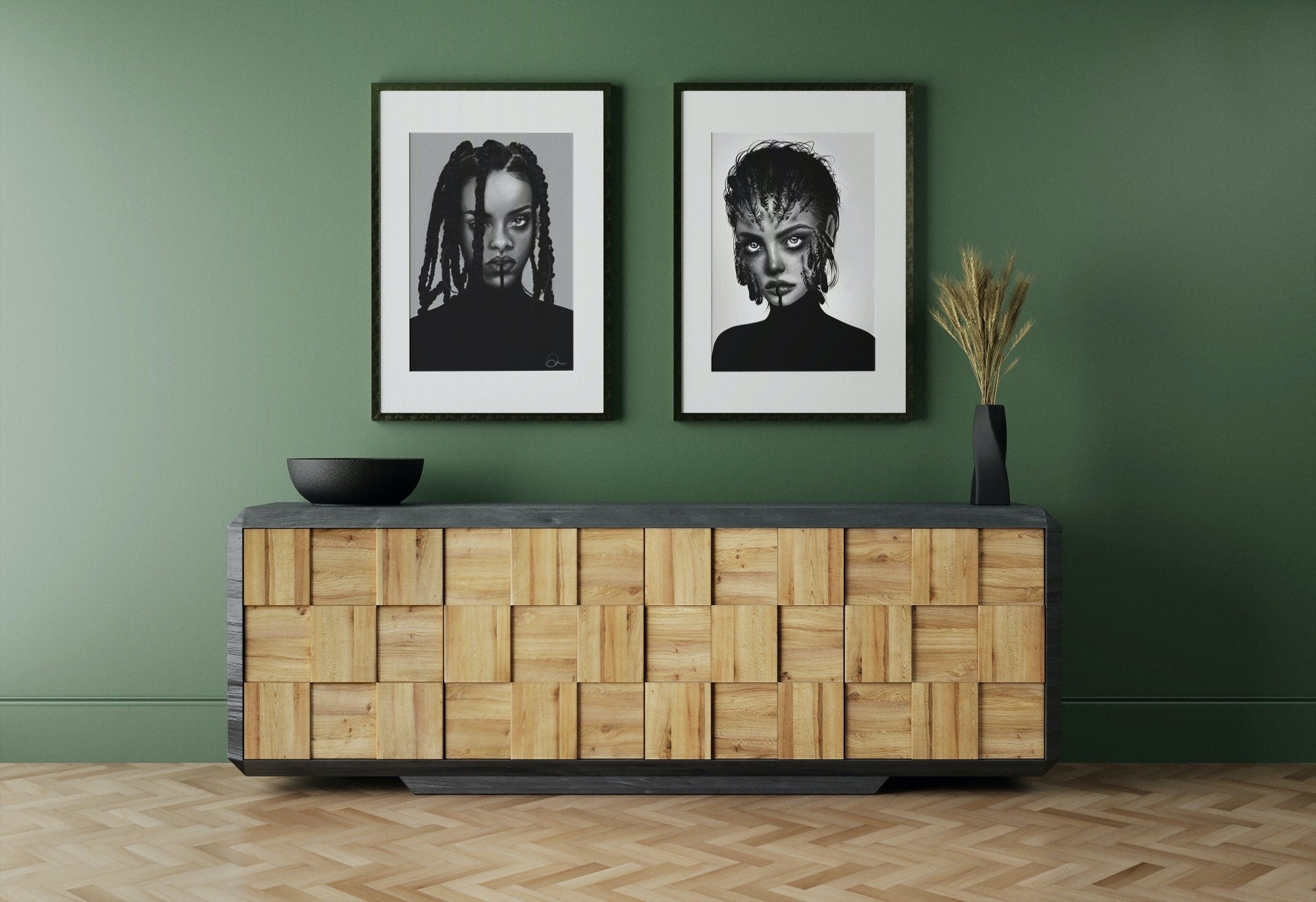 black and white/ colour, digital-drawn, art print, gallery print. inspired by Rhianna.