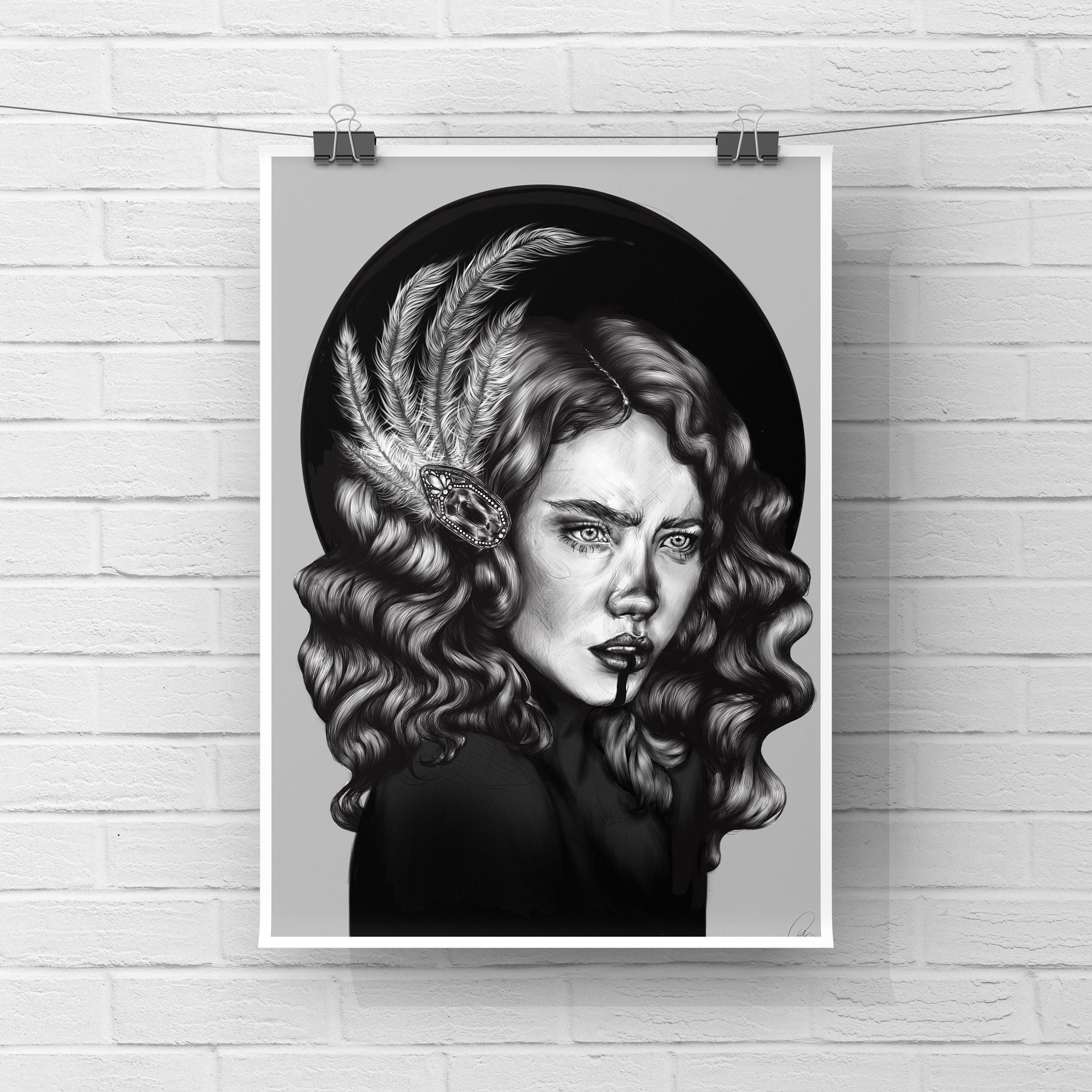 Black and White female art nouveau portrait Art/ Gallery print, home/wall decor. Eco-friendly, hand-drawn illustration.
