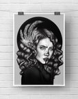 Black and White female art nouveau portrait Art/ Gallery print, home/wall decor. Eco-friendly, hand-drawn illustration.