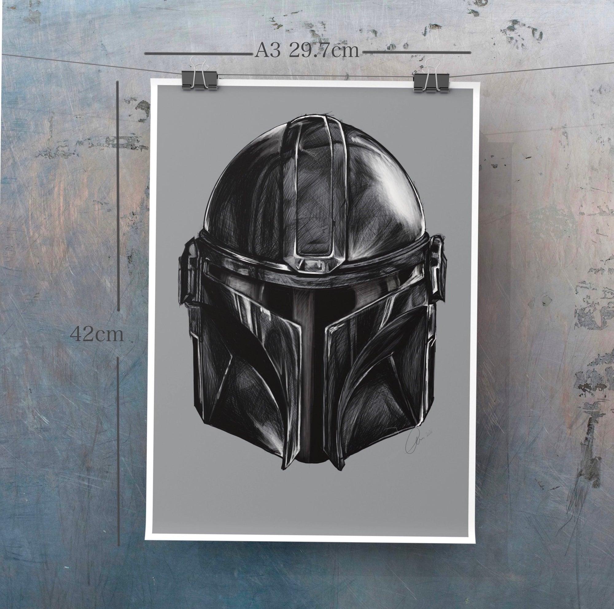 Mandalorian, Star Wars inspired. helmet, digital-drawn illustration, art print, ecofriendly wall art.