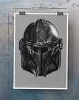 Mandalorian, Star Wars inspired. helmet, digital-drawn illustration, art print, ecofriendly wall art.