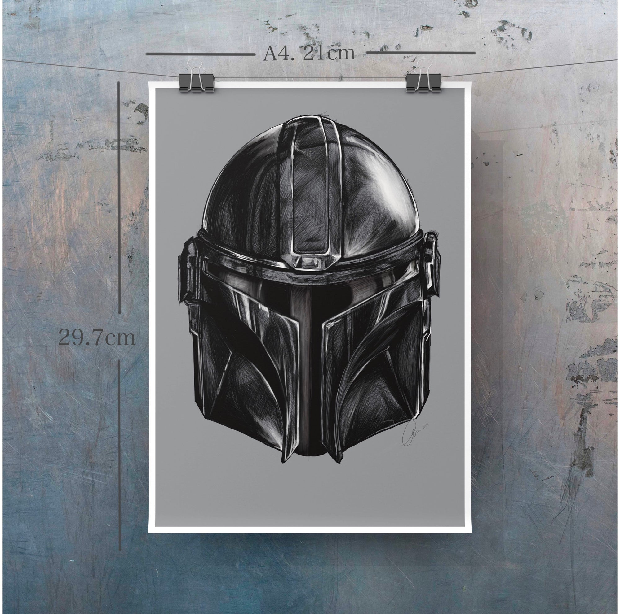 Mandalorian, Star Wars inspired. helmet, digital-drawn illustration, art print, ecofriendly wall art.