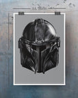 Mandalorian, Star Wars inspired. helmet, digital-drawn illustration, art print, ecofriendly wall art.