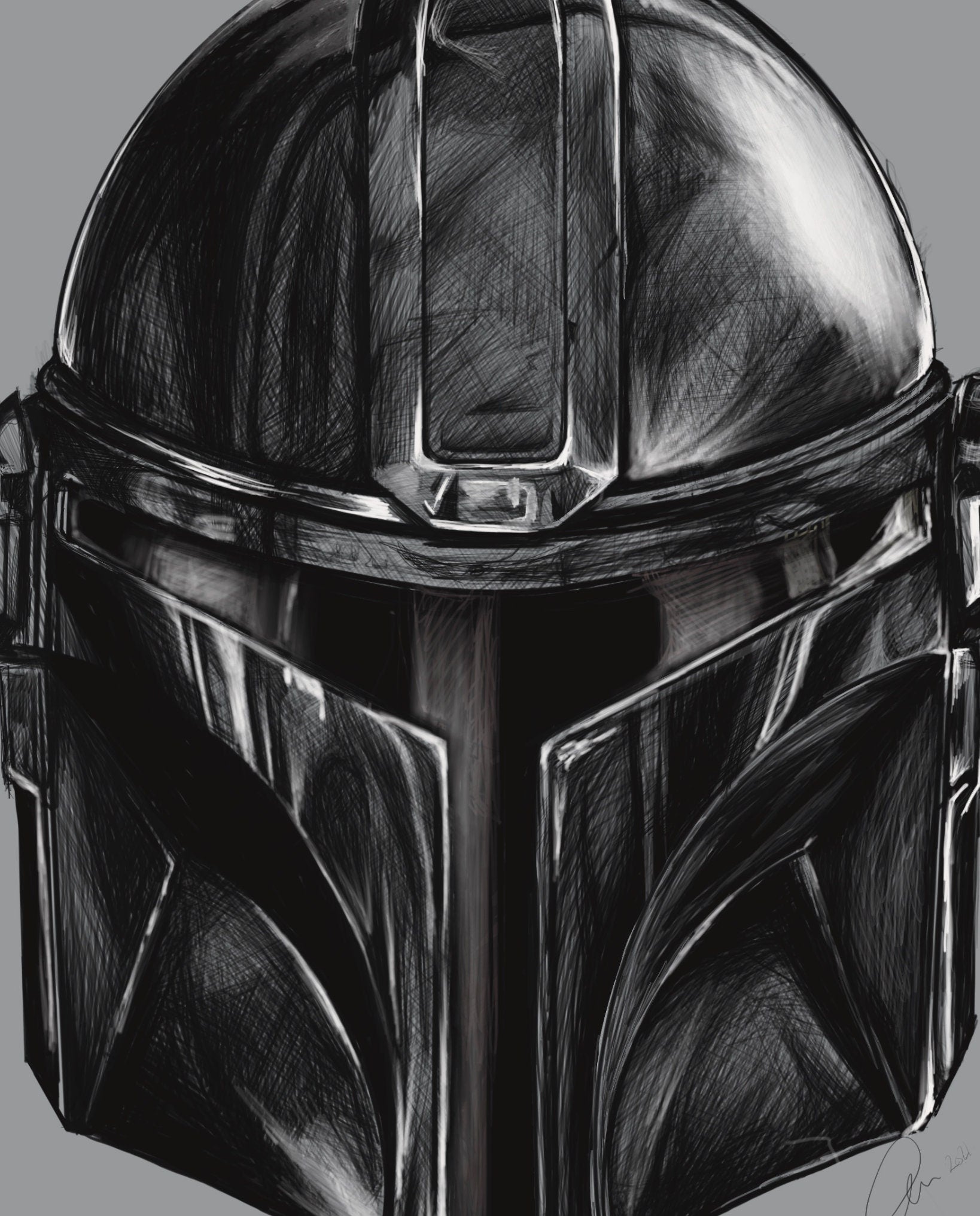 Mandalorian, Star Wars inspired. helmet, digital-drawn illustration, art print, ecofriendly wall art.