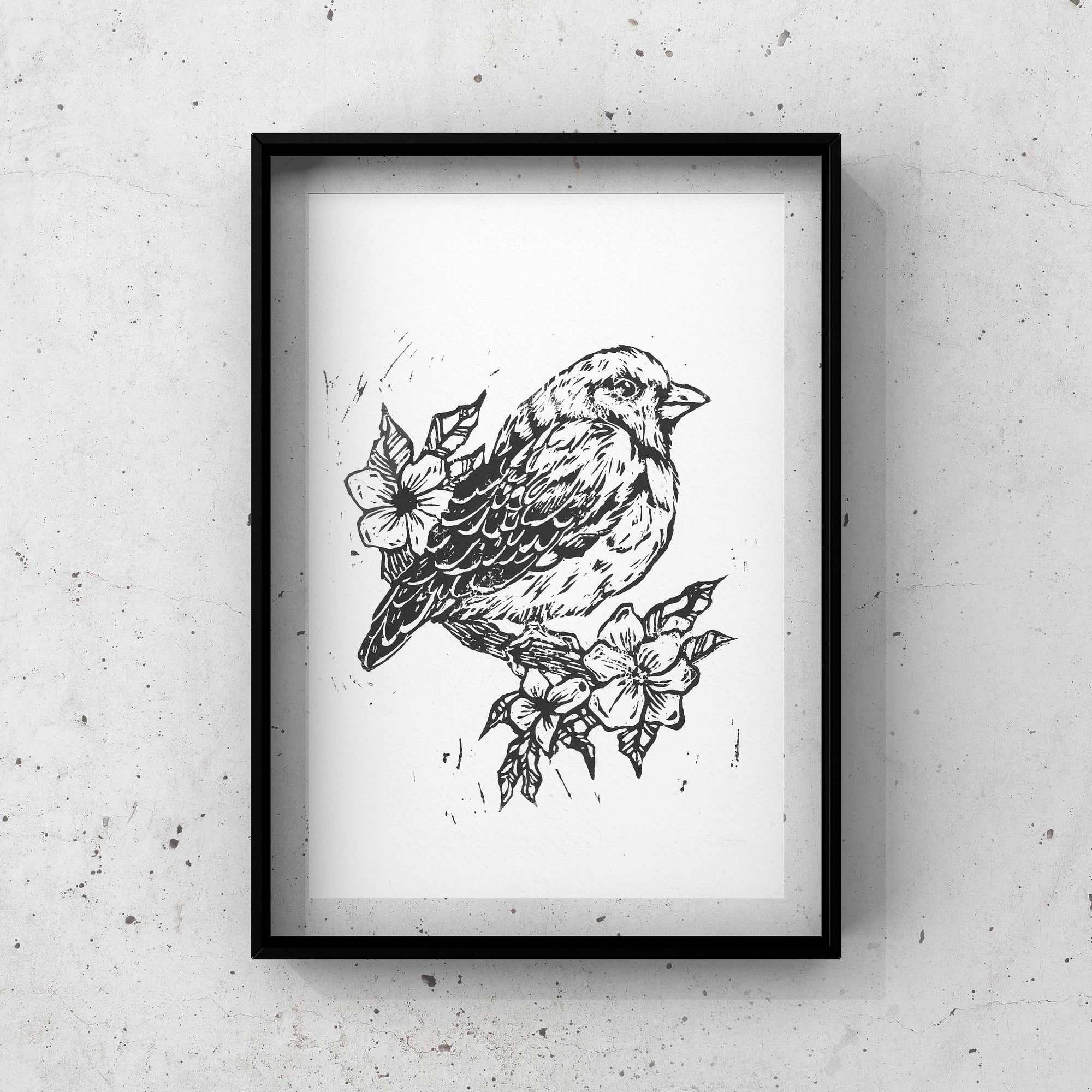 Hand-CUT & designed art lino bird print.