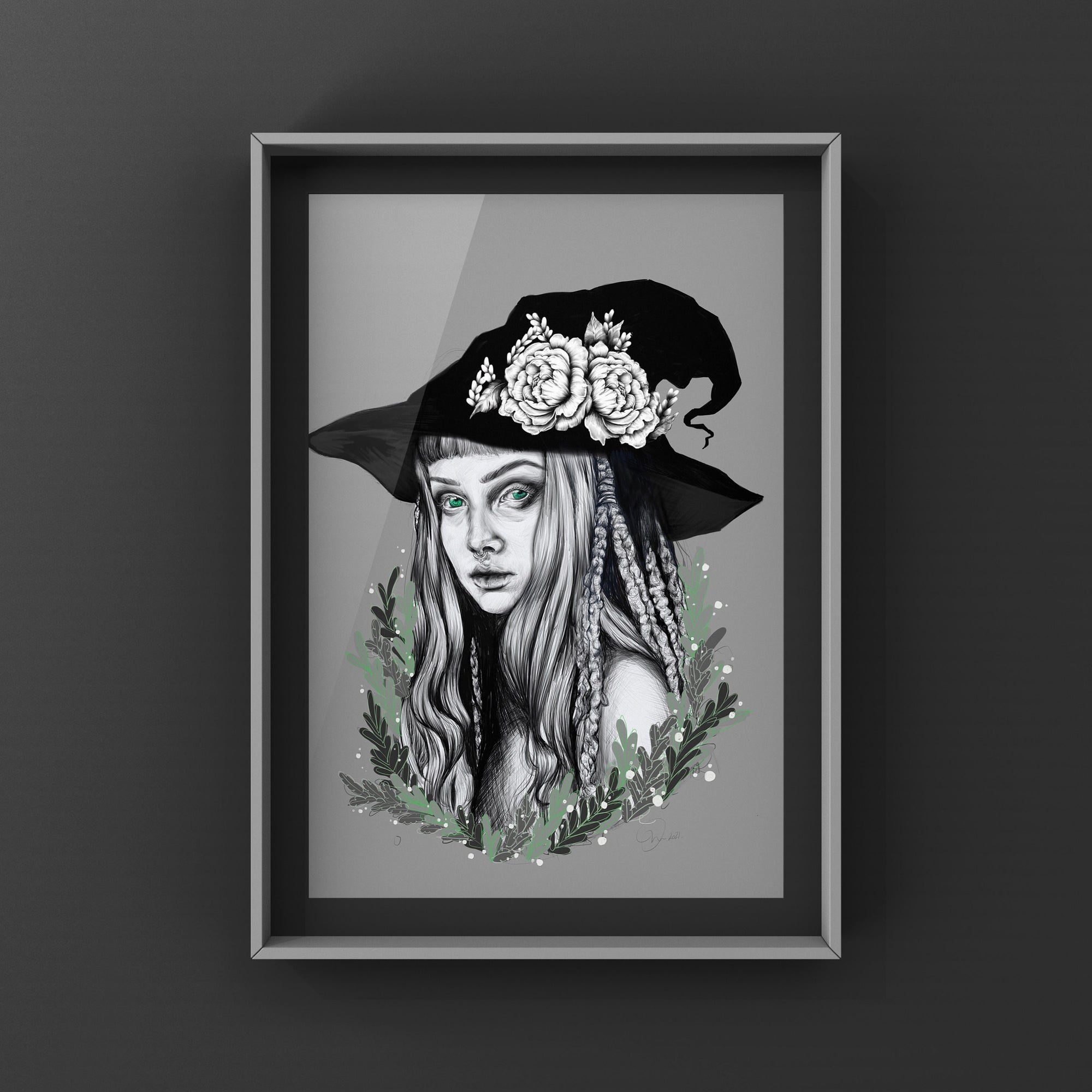 Green witch art/gallery print. wall art. digitally drawn, art print. Magical. Witch. Nature. Green. Portrait.