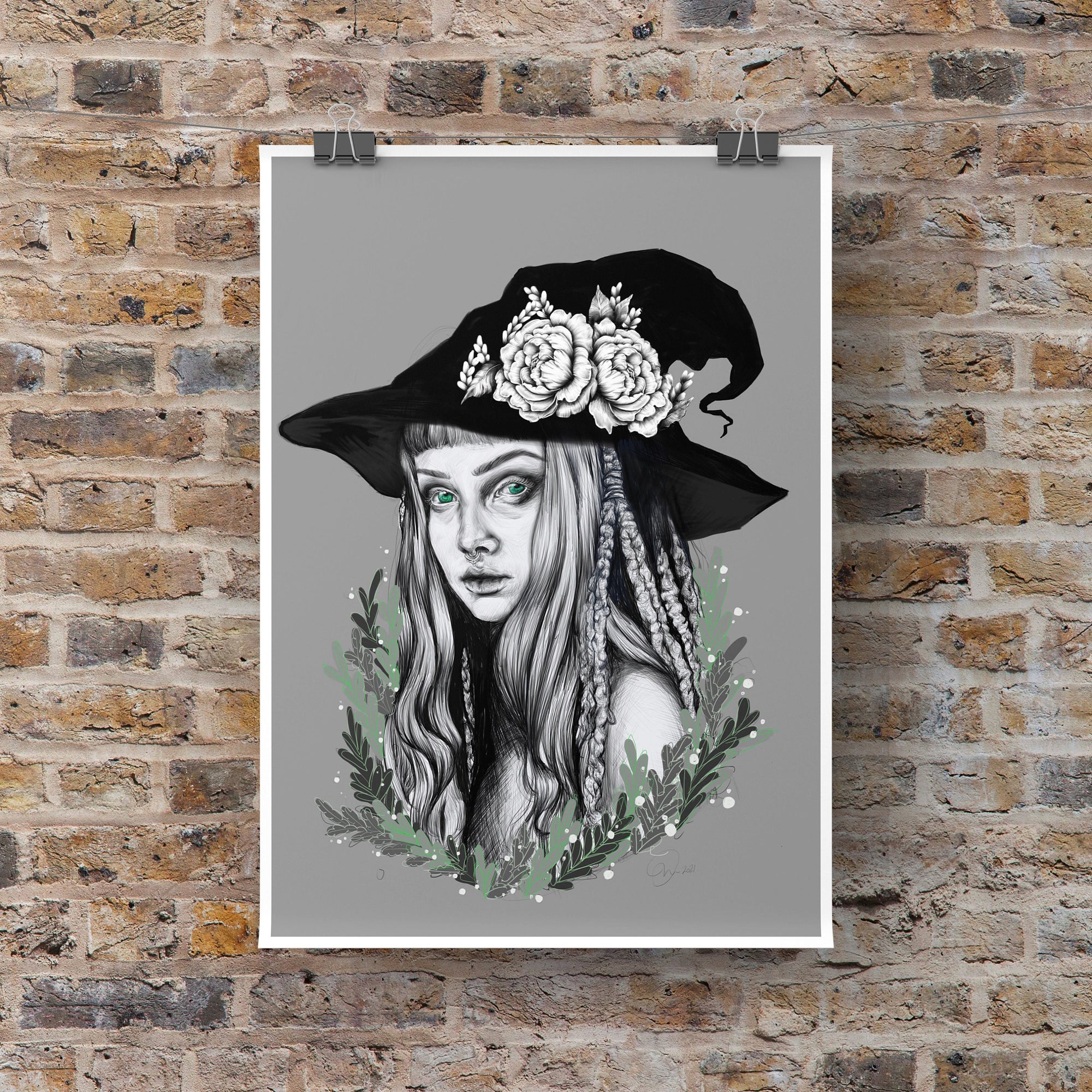 Green witch art/gallery print. wall art. digitally drawn, art print. Magical. Witch. Nature. Green. Portrait.