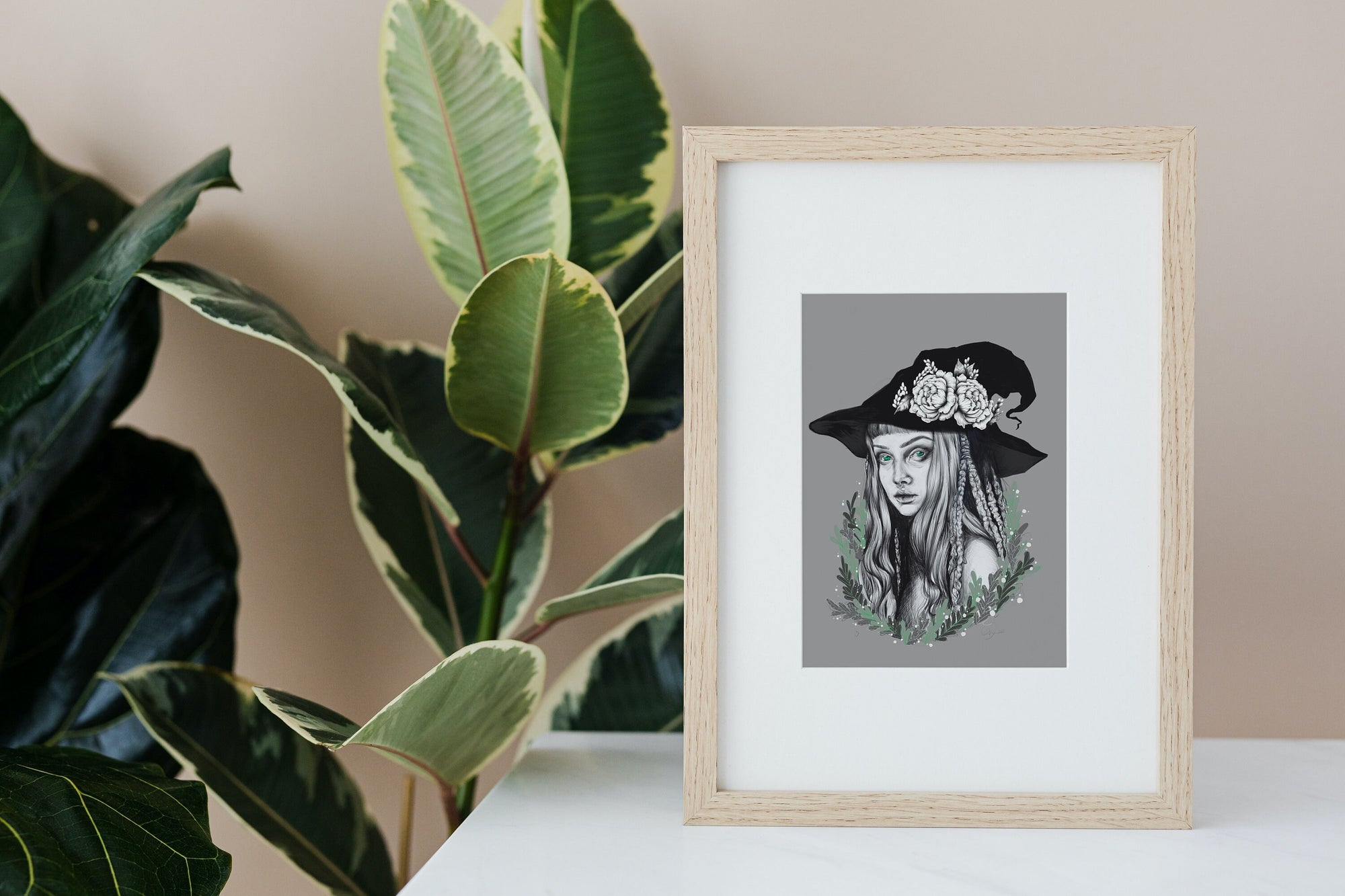 Green witch art/gallery print. wall art. digitally drawn, art print. Magical. Witch. Nature. Green. Portrait.