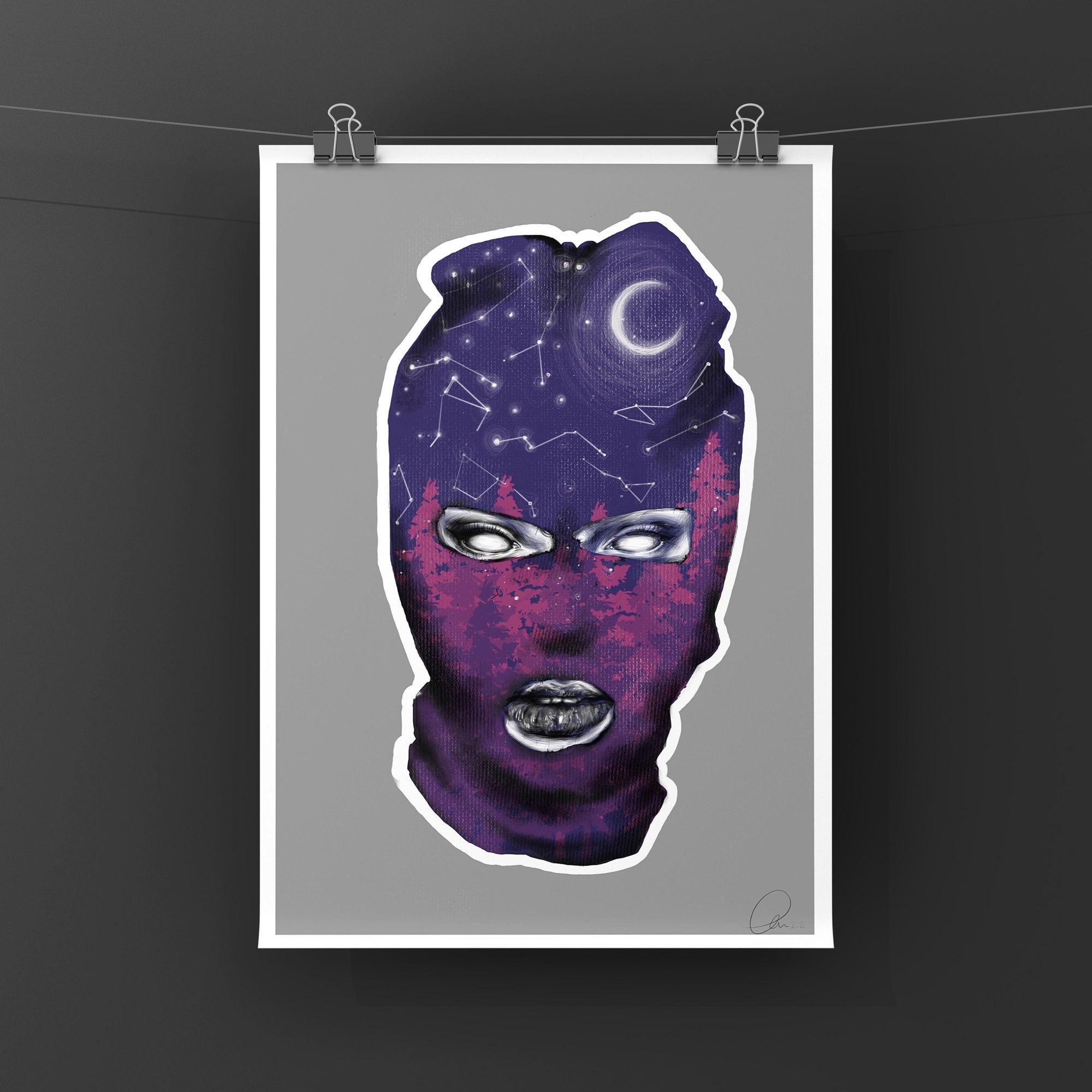 Black and white and purple and orange colour, galaxy ski mask, fall, winter Art/ gallery print, digital-drawn eco friendly illustration.