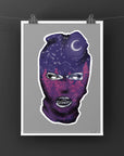 Black and white and purple and orange colour, galaxy ski mask, fall, winter Art/ gallery print, digital-drawn eco friendly illustration.