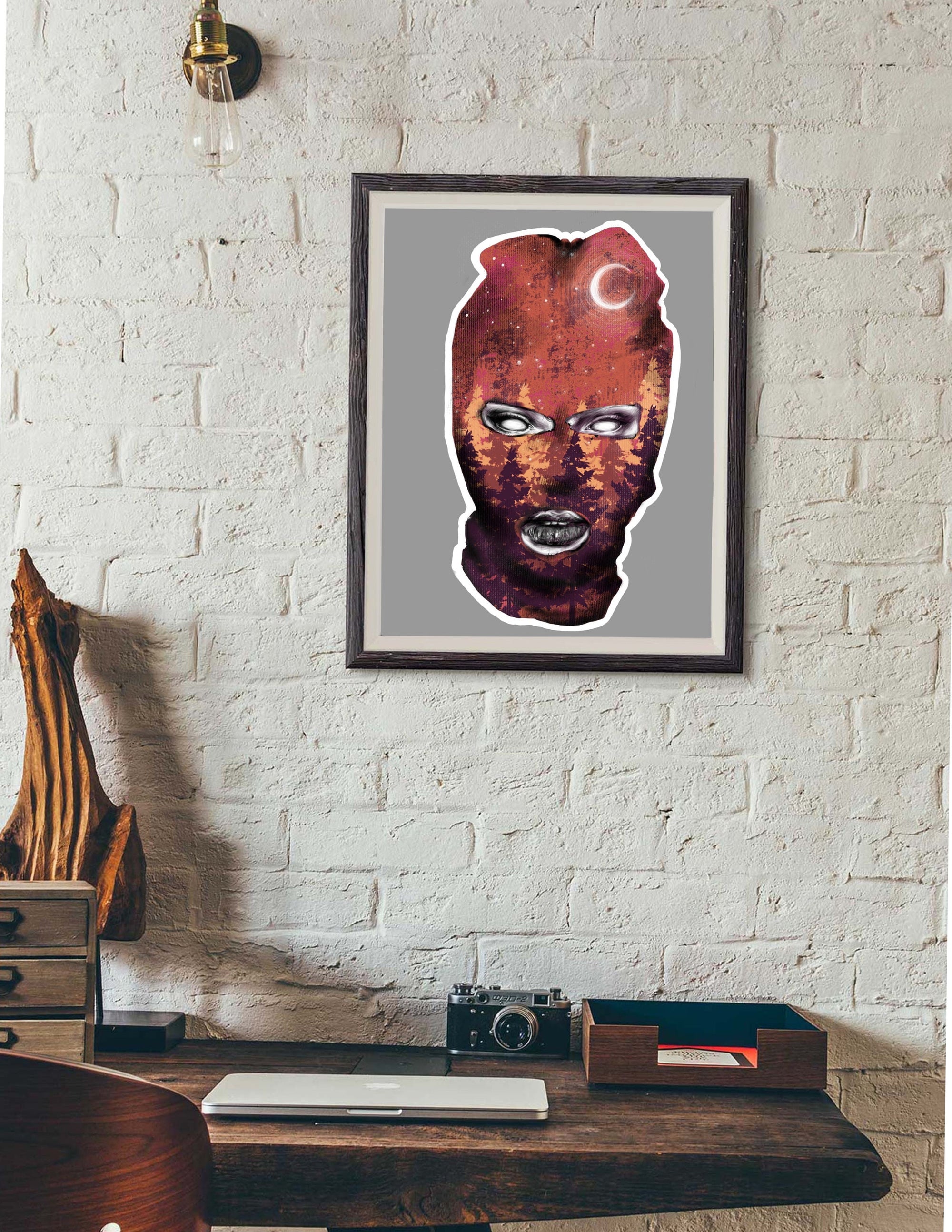 Black and white and purple and orange colour, galaxy ski mask, fall, winter Art/ gallery print, digital-drawn eco friendly illustration.