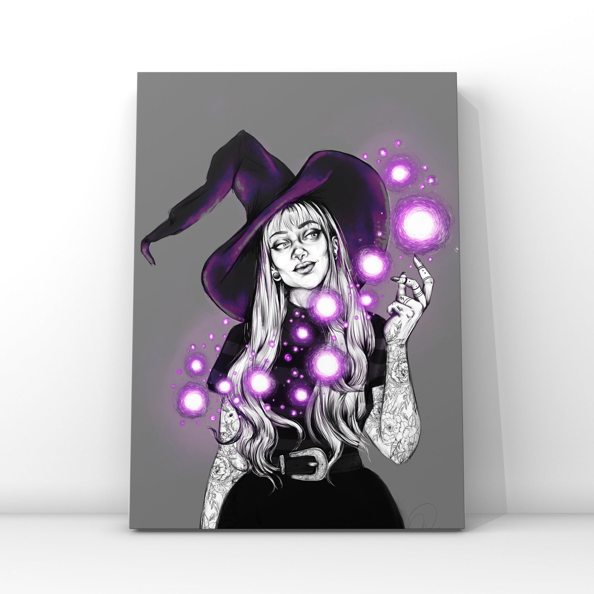 hand drawn Digital, purple, Witch. art print. home decor, gallery print. Purple glowing witch print. Femal portrait. Illustration. Fantasy