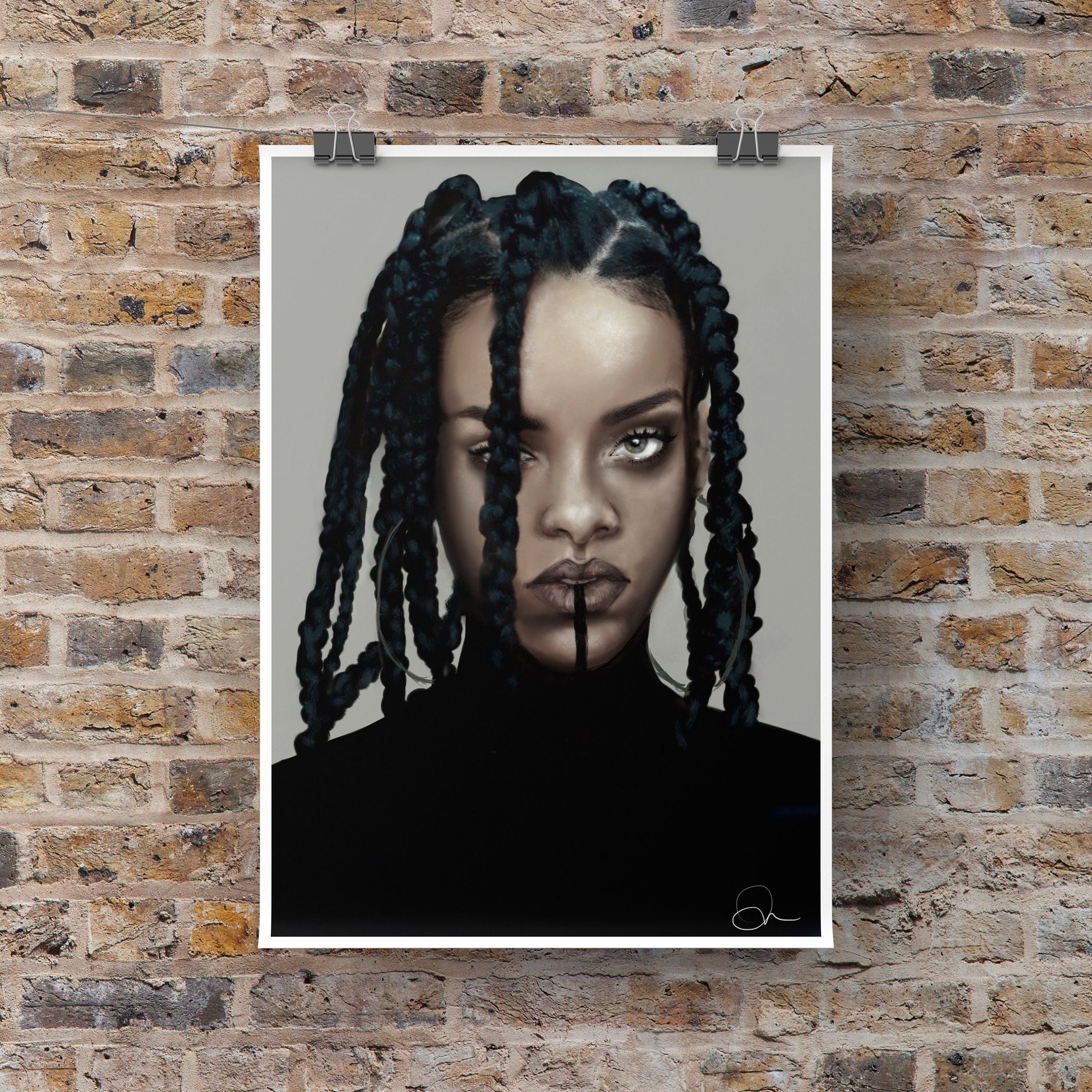 black and white/ colour, digital-drawn, art print, gallery print. inspired by Rhianna.