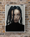 black and white/ colour, digital-drawn, art print, gallery print. inspired by Rhianna.