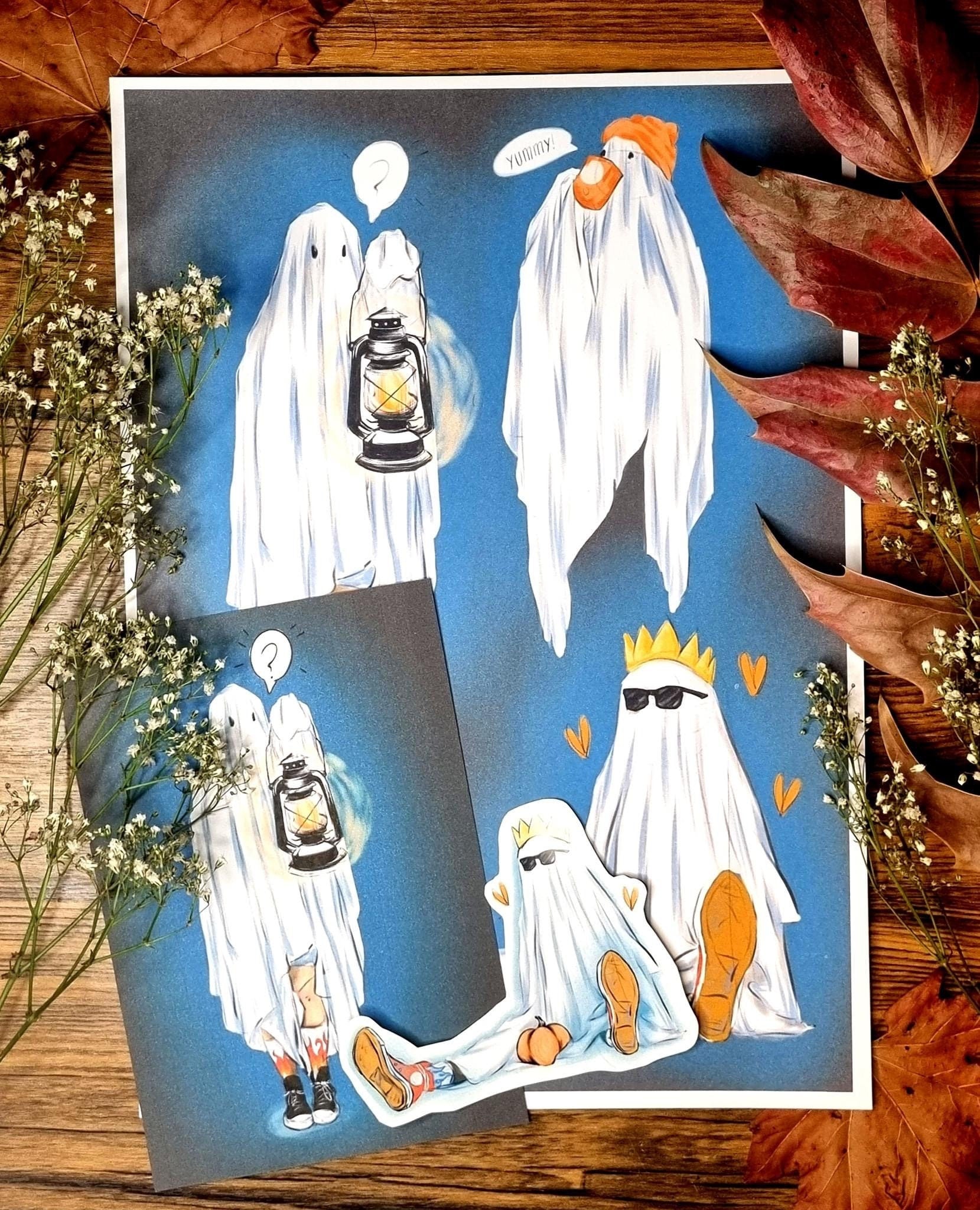 Sad bedsheet Ghost illustration Halloween spooky art gallery print.