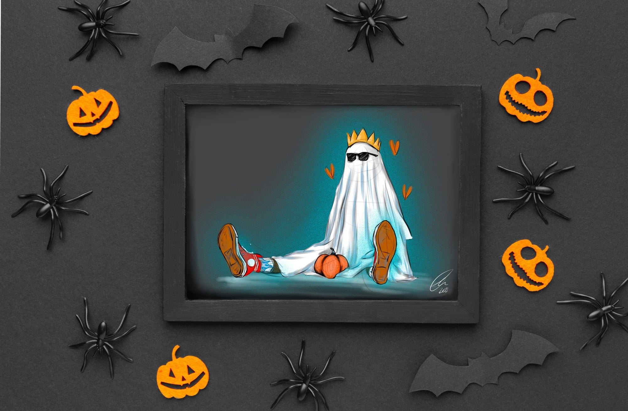 Sad bedsheet Ghost illustration Halloween spooky art gallery print.