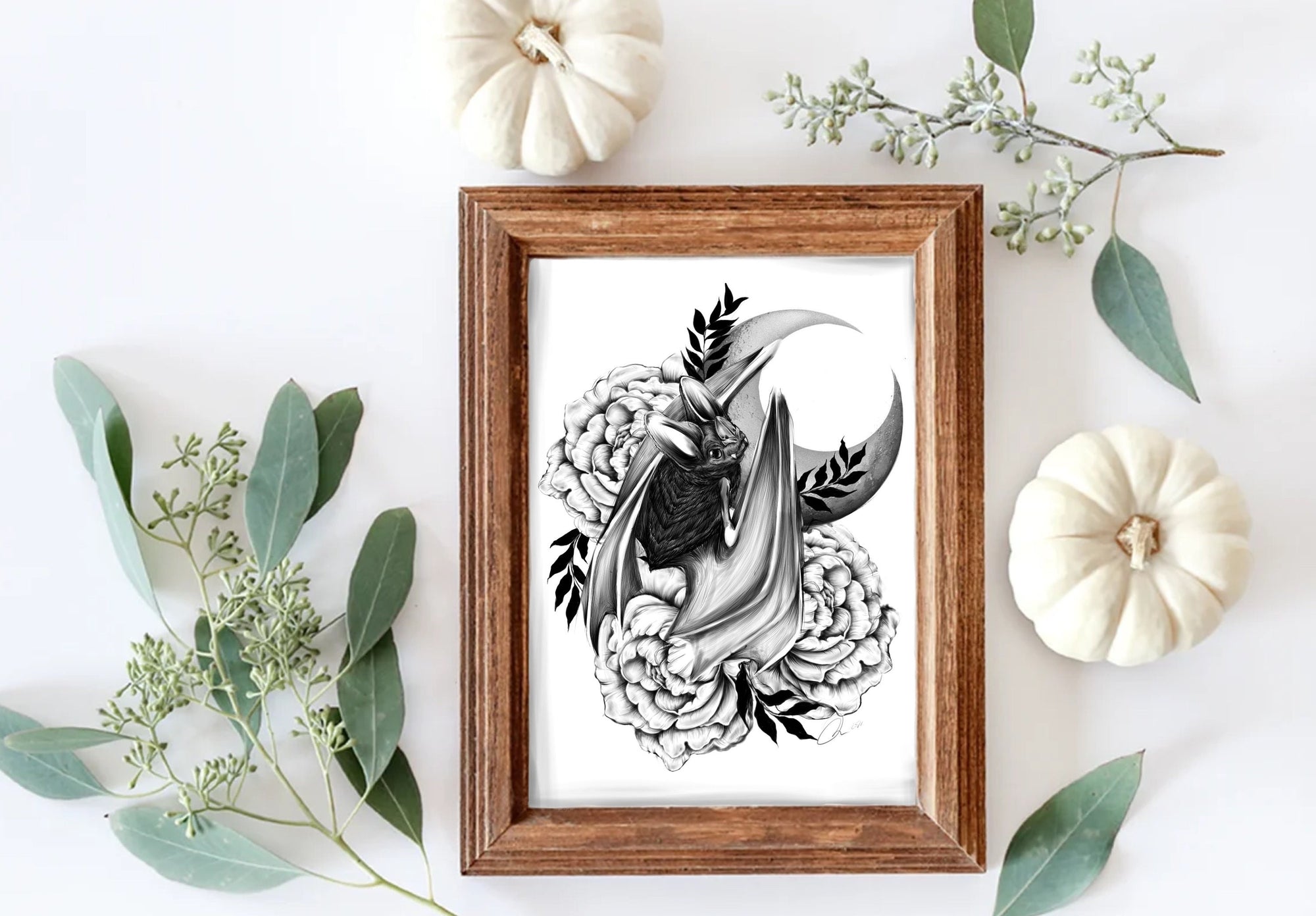 Bat Halloween horror spooky fall tattoo black and white art illustration gallery print