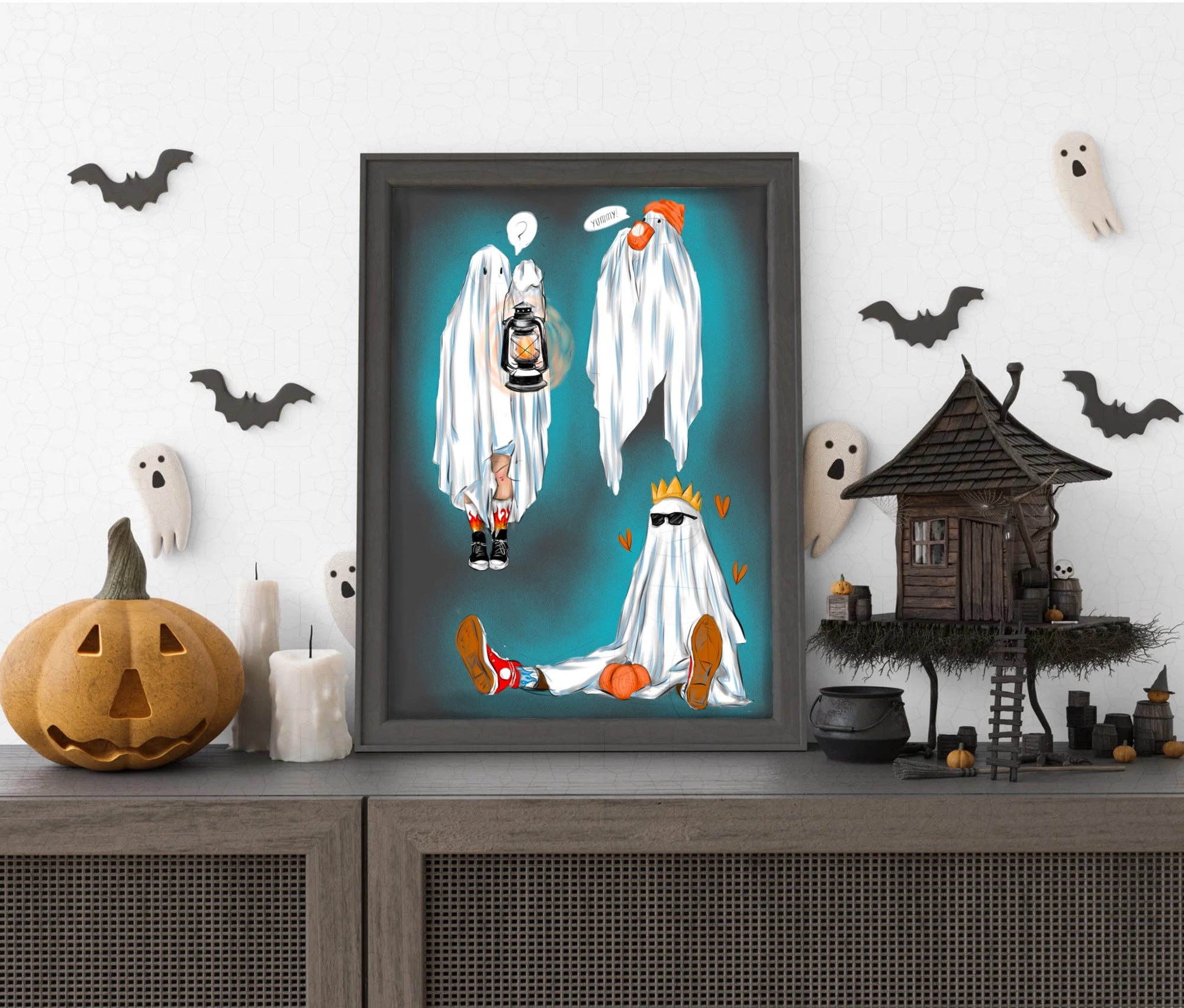 Sad bedsheet Ghost illustration Halloween spooky art gallery print.