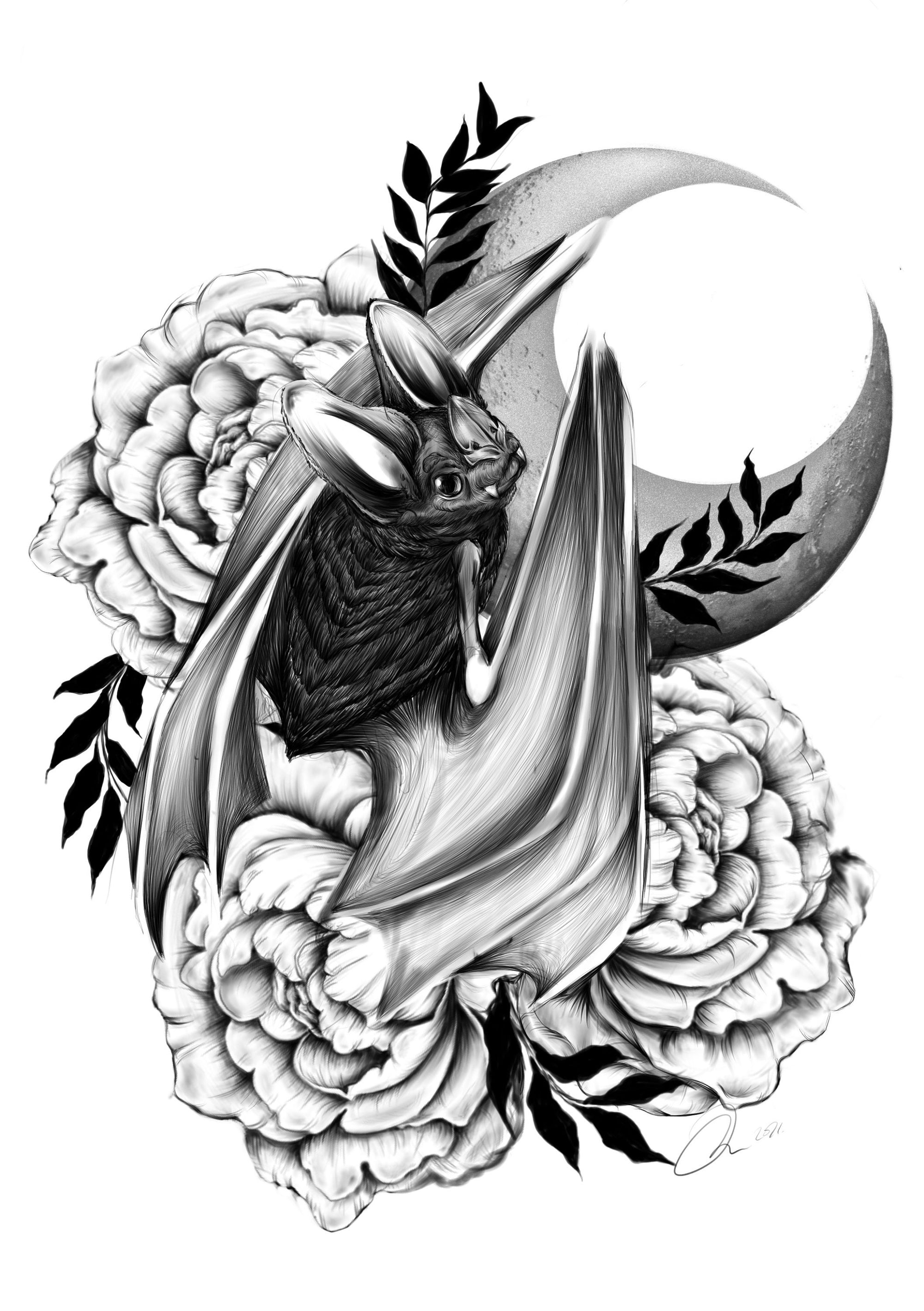 Bat Halloween horror spooky fall tattoo black and white art illustration gallery print
