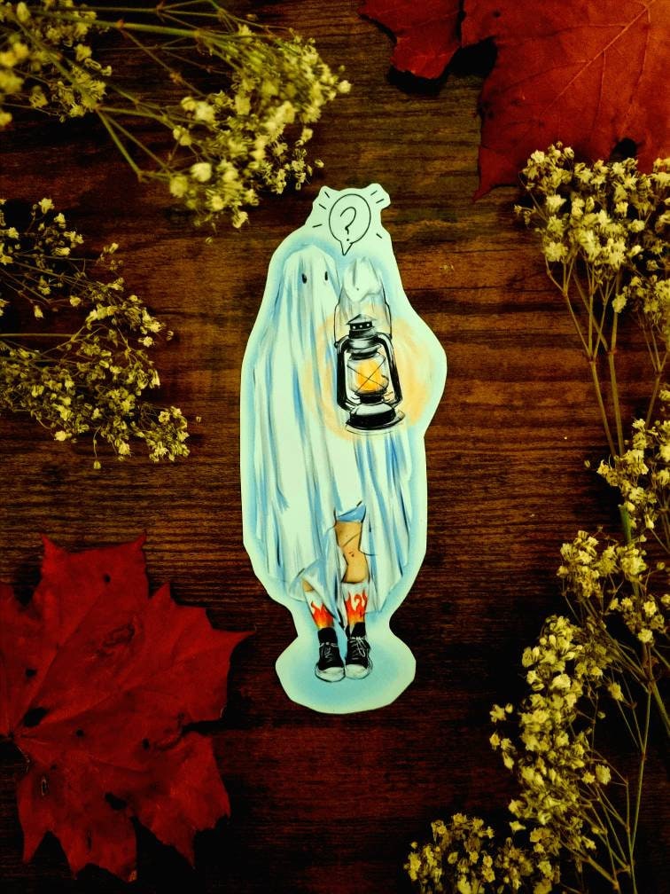 Halloween, sad ghost, bedsheet ghost, cute, illustration, full colour artprints & ecofriendly, waterproof glossy artist sticker, magnets.