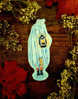 Halloween, sad ghost, bedsheet ghost, cute, illustration, full colour artprints & ecofriendly, waterproof glossy artist sticker, magnets.