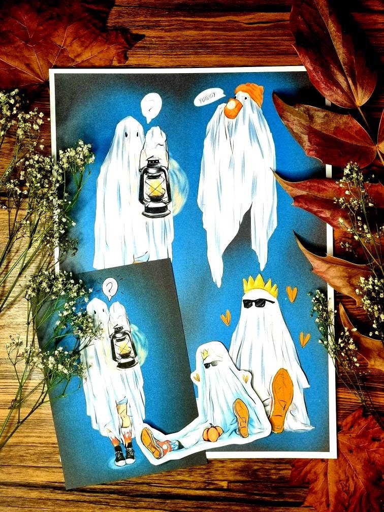 Halloween, sad ghost, bedsheet ghost, cute, illustration, full colour artprints & ecofriendly, waterproof glossy artist sticker, magnets.
