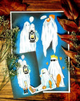 Halloween, sad ghost, bedsheet ghost, cute, illustration, full colour artprints & ecofriendly, waterproof glossy artist sticker, magnets.