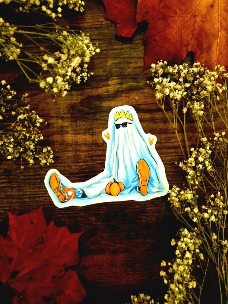 Halloween, sad ghost, bedsheet ghost, cute, illustration, full colour artprints & ecofriendly, waterproof glossy artist sticker, magnets.