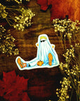 Halloween, sad ghost, bedsheet ghost, cute, illustration, full colour artprints & ecofriendly, waterproof glossy artist sticker, magnets.