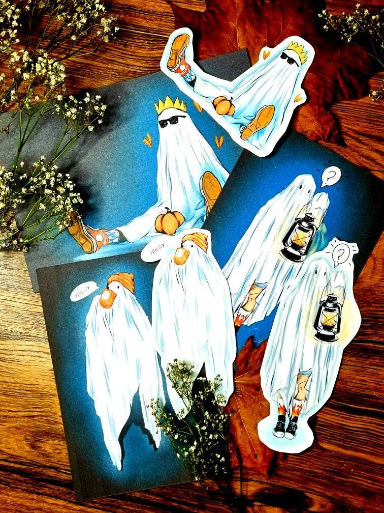 Halloween, sad ghost, bedsheet ghost, cute, illustration, full colour artprints & ecofriendly, waterproof glossy artist sticker, magnets.